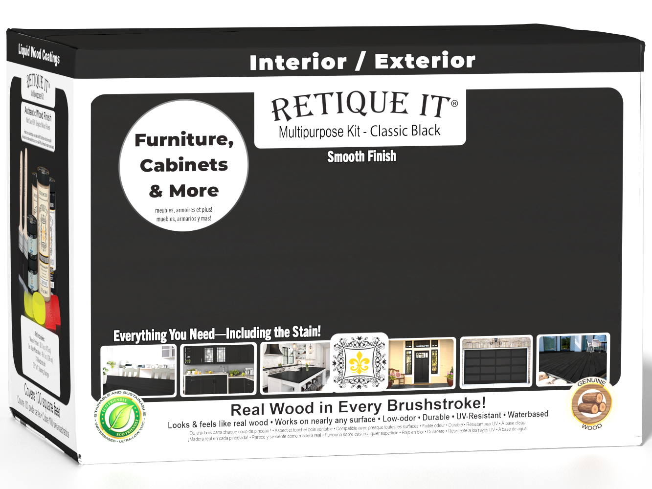 Retique It® Multi-purpose Smooth Finish Kit (Large) in Classic Black for exterior wood top coating, shown in box with applicator tools.
