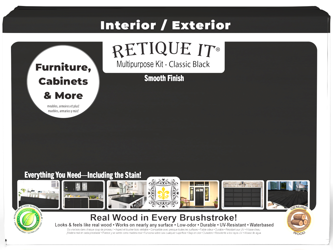 Retique It® Multi-purpose Smooth Finish Kit (Large) in classic black for wood interior top coat, shown in box with kit components.
