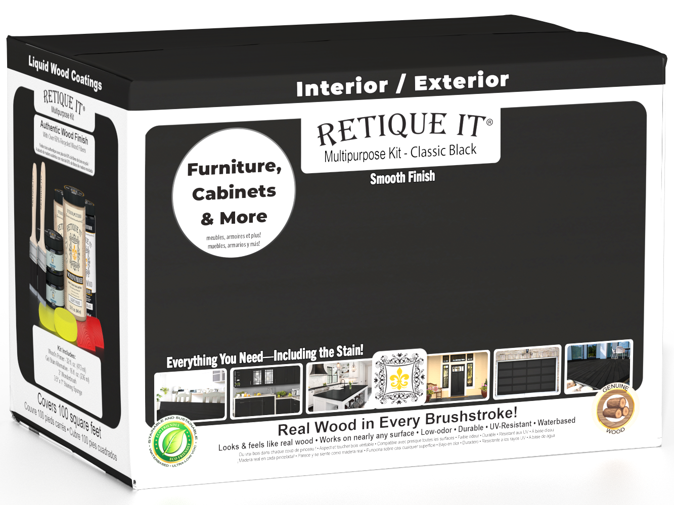 Retique It® Multi-purpose Smooth Finish Kit Large in Classic Black for exterior wood surfaces, includes top coat and application tools.
