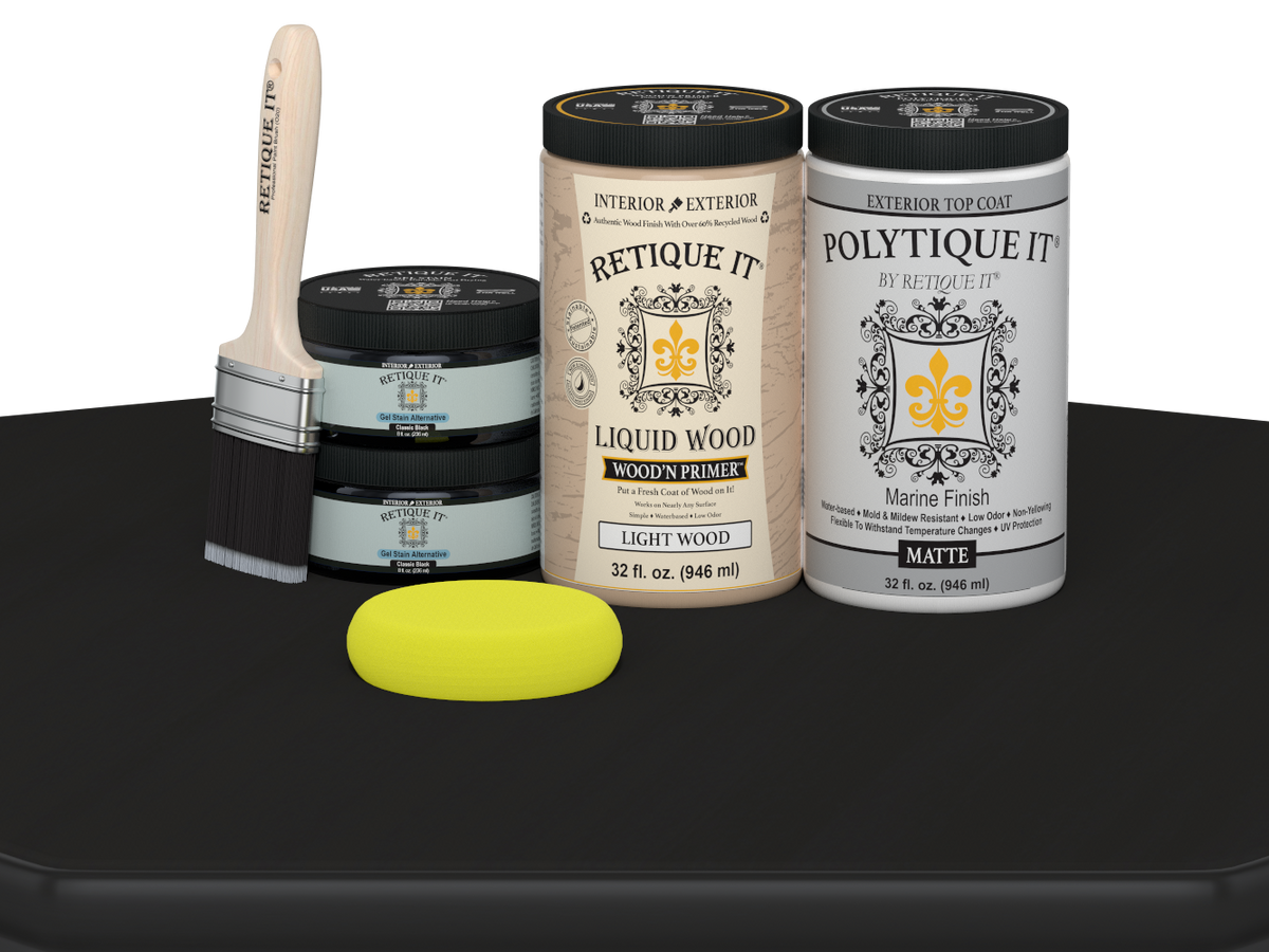 Large black wood finish kit by Retique It® with matte top coat for exterior projects, includes smooth finish supplies.