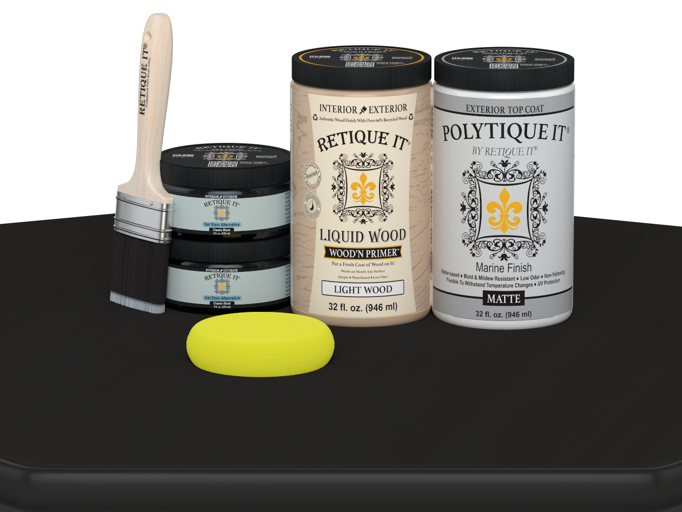Large black wood finish kit by Retique It® with matte top coat for exterior projects, includes smooth finish supplies.