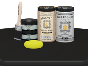 Large black wood finish kit by Retique It® with matte top coat for exterior projects, includes smooth finish supplies.