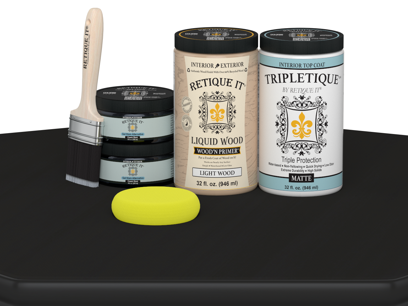 Large black wood finish kit by Retique It® with smooth matte top coat for interior wood projects, part of the Wood'n Finish Kits collection.