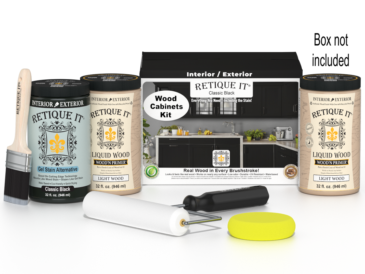 Retique It® Wood'n Cabinet Kit with 24 smooth black cabinet doors and stain finish, shown in a box.