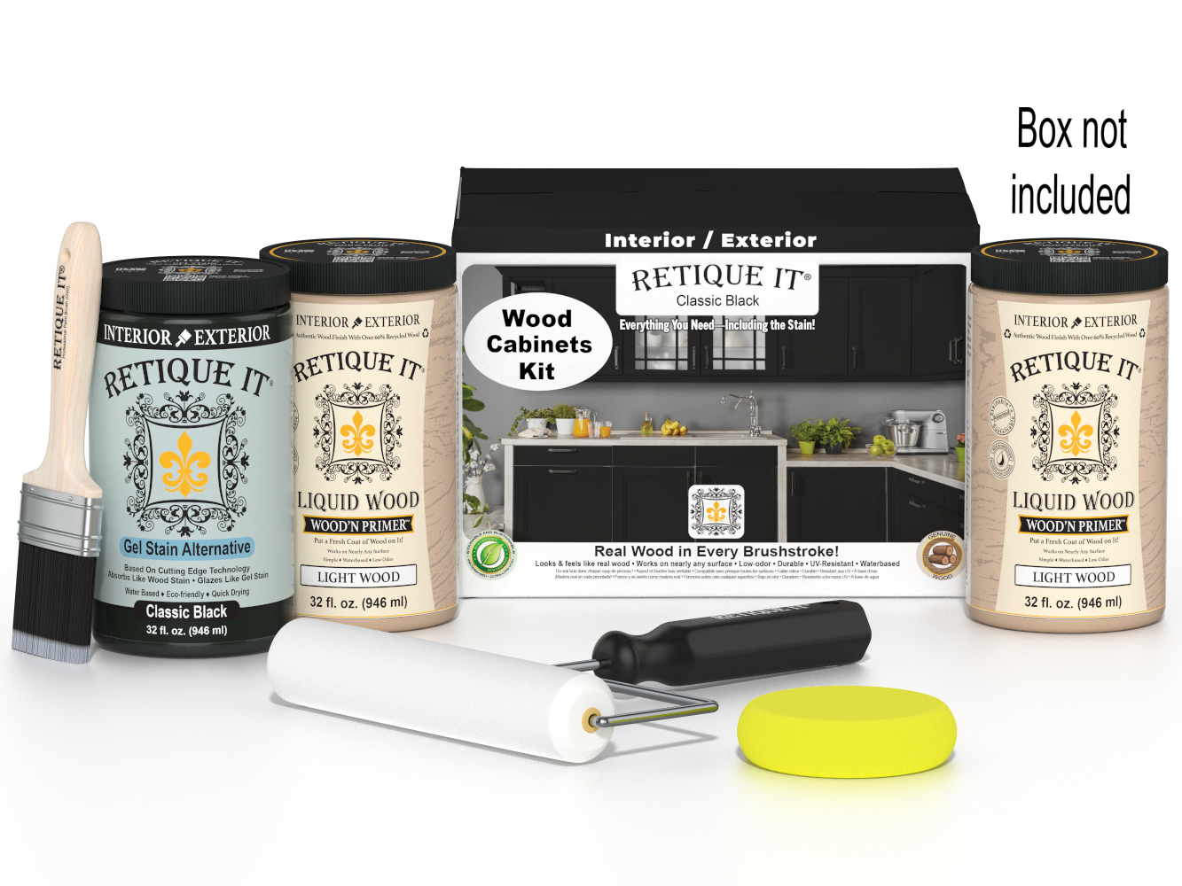 Retique It® Wood'n Cabinet Kit in classic black with 24 smooth stained cabinet doors, ideal for kitchen or bathroom renovation.