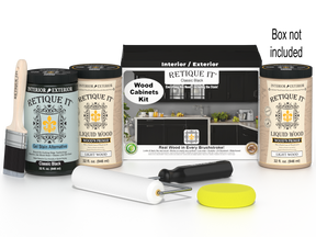 Retique It® Wood'n Cabinet Kit in classic black with 24 smooth stained cabinet doors, ideal for kitchen or bathroom renovation.
