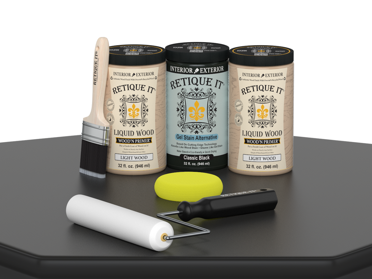 Retique It Wood'n Cabinet Kit in Classic Black with 24 smooth door stains, ideal for updating kitchen or bathroom cabinets.