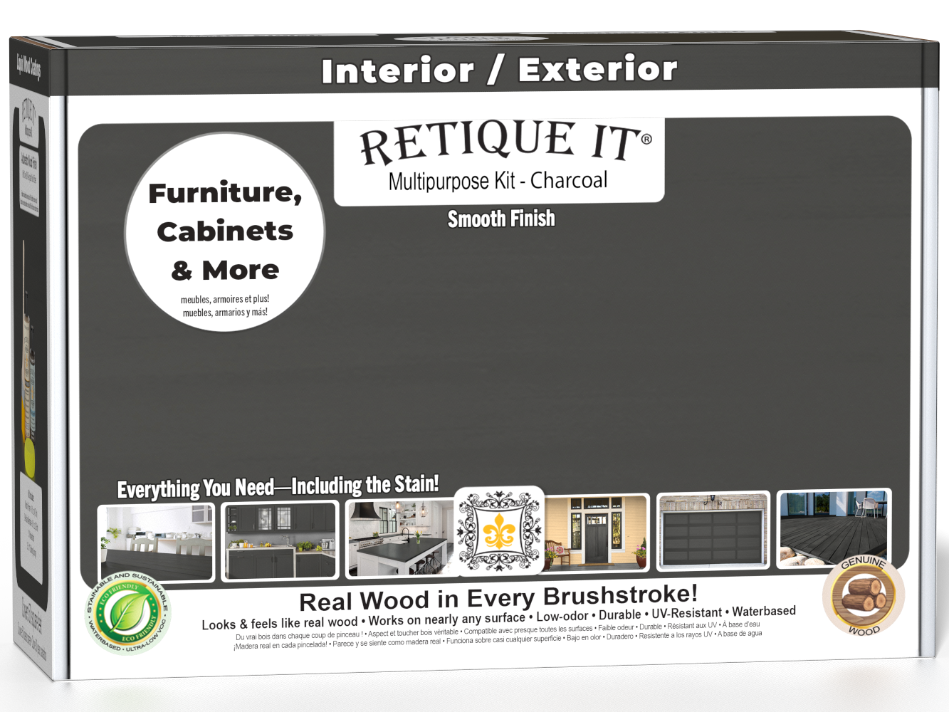 Retique It® multi-purpose smooth finish kit in charcoal for exterior wood, includes top coat and application tools in a box.