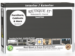 Retique It® multi-purpose smooth finish kit in charcoal for exterior wood, includes top coat and application tools in a box.