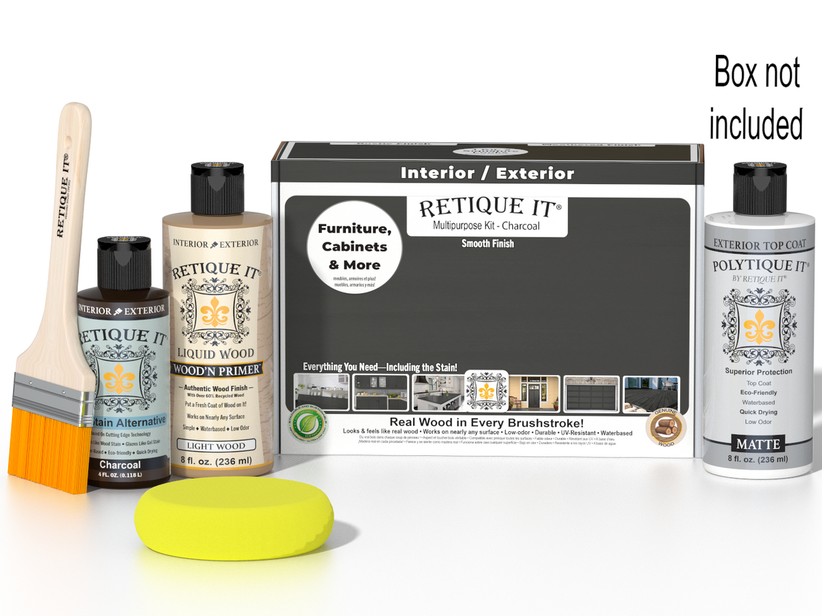 Retique It® Multi-purpose Smooth Finish Kit in charcoal, including exterior top coat and accessories for wood finishing.