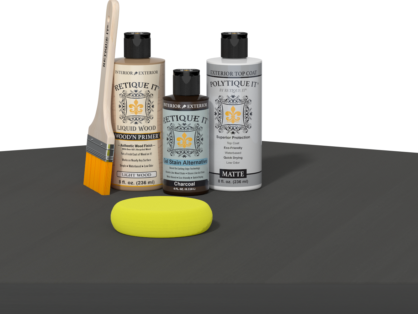 Retique It® multi-purpose charcoal exterior top coat wood finish kit with smooth finish, shown in a table setting.