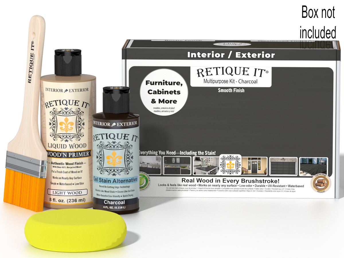 Retique It® Multi-purpose Smooth Finish Kit in charcoal with wood finish tools and supplies in a box.