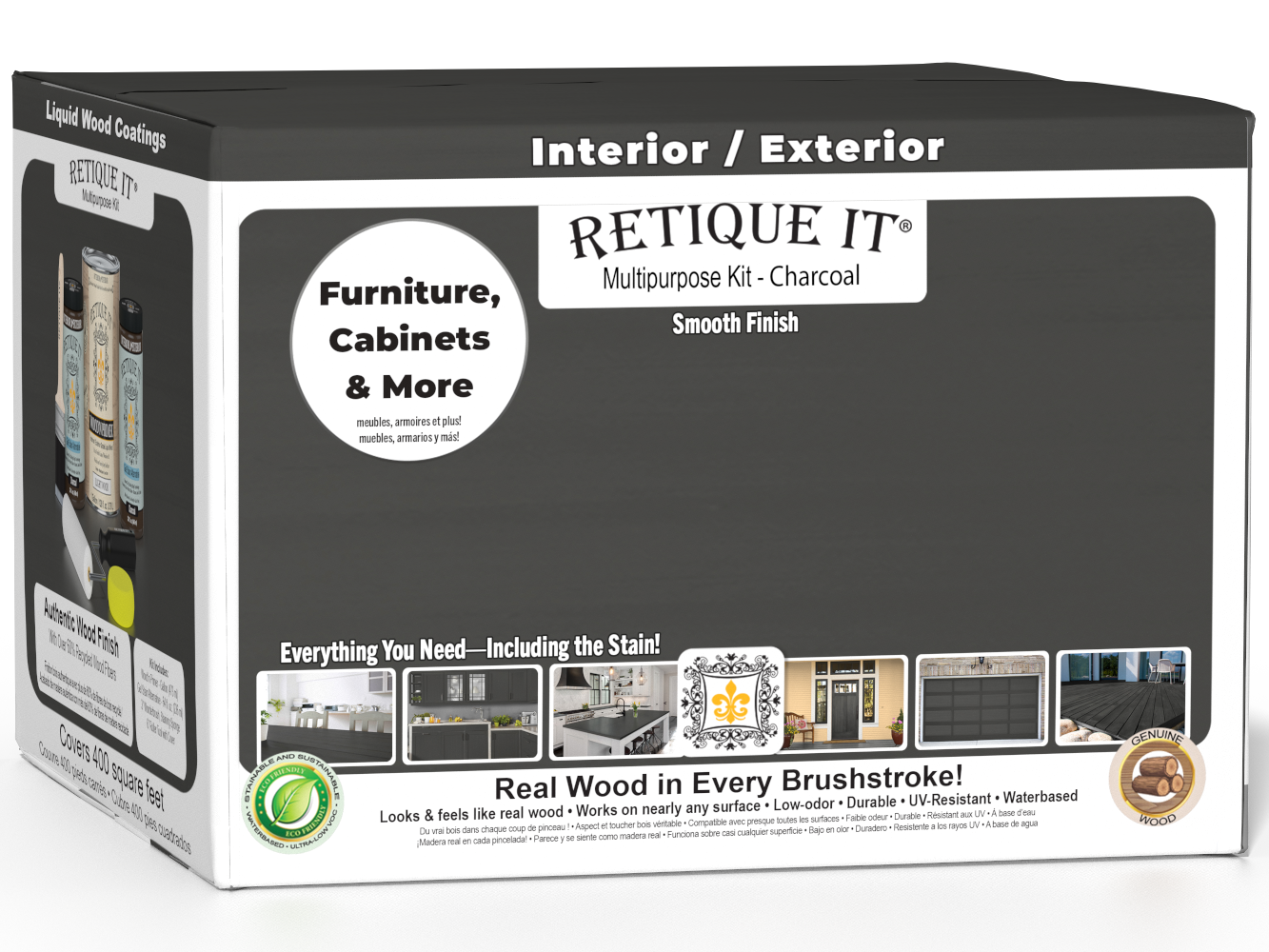 Retique It® Charcoal Wood'n Finish Kit with four large containers, designed for smooth wood finishing and multi-purpose use.