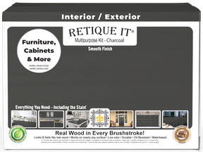 Retique It® wood finish kit featuring four large charcoal interior top coat bottles for smooth wood surface finishing.