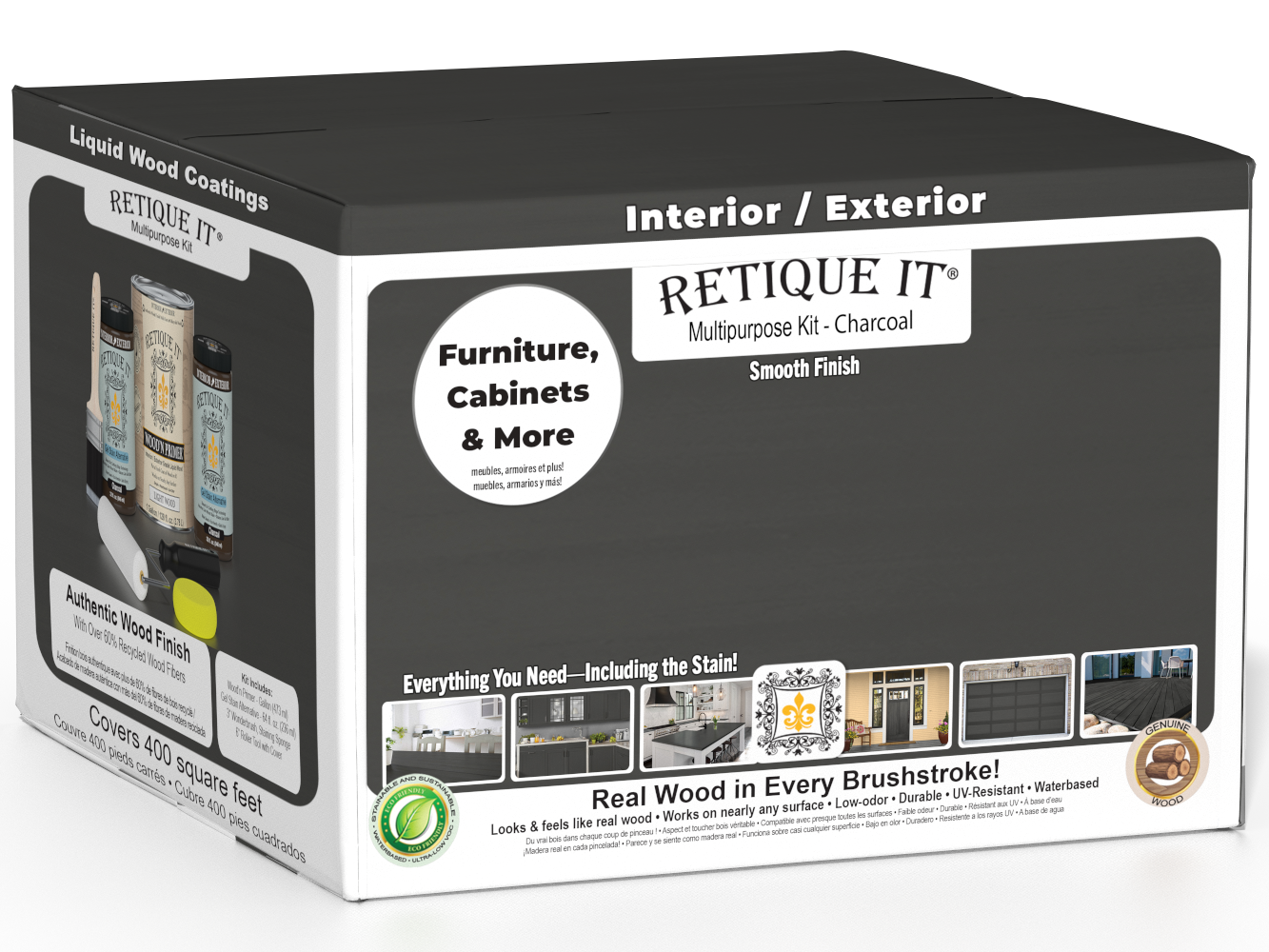 Retique It® Charcoal Wood'n Finish Kit with four large exterior top coat bottles for smooth wood finishing and protection.