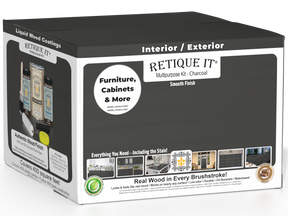 Retique It® Charcoal Wood'n Finish Kit with four large exterior top coat bottles for smooth wood finishing and protection.