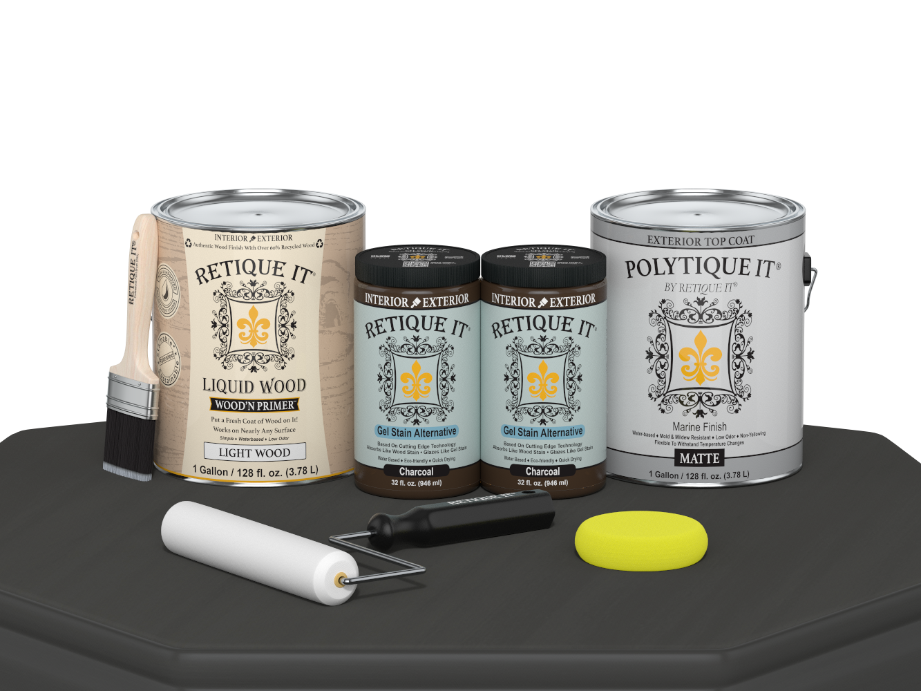 Retique It® Multi-purpose Smooth Wood'n Finish Kit in charcoal, includes four large exterior top coat containers with a matte finish.