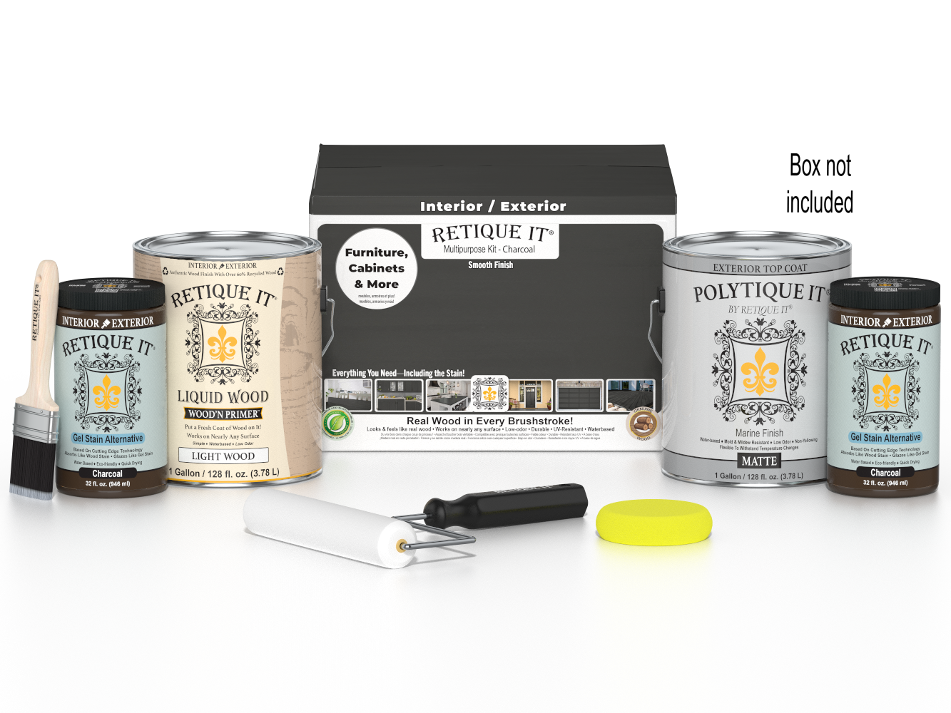 Retique It® Charcoal Wood'n Finish Kit with four large exterior top coat bottles, designed for smooth, durable wood finishing.