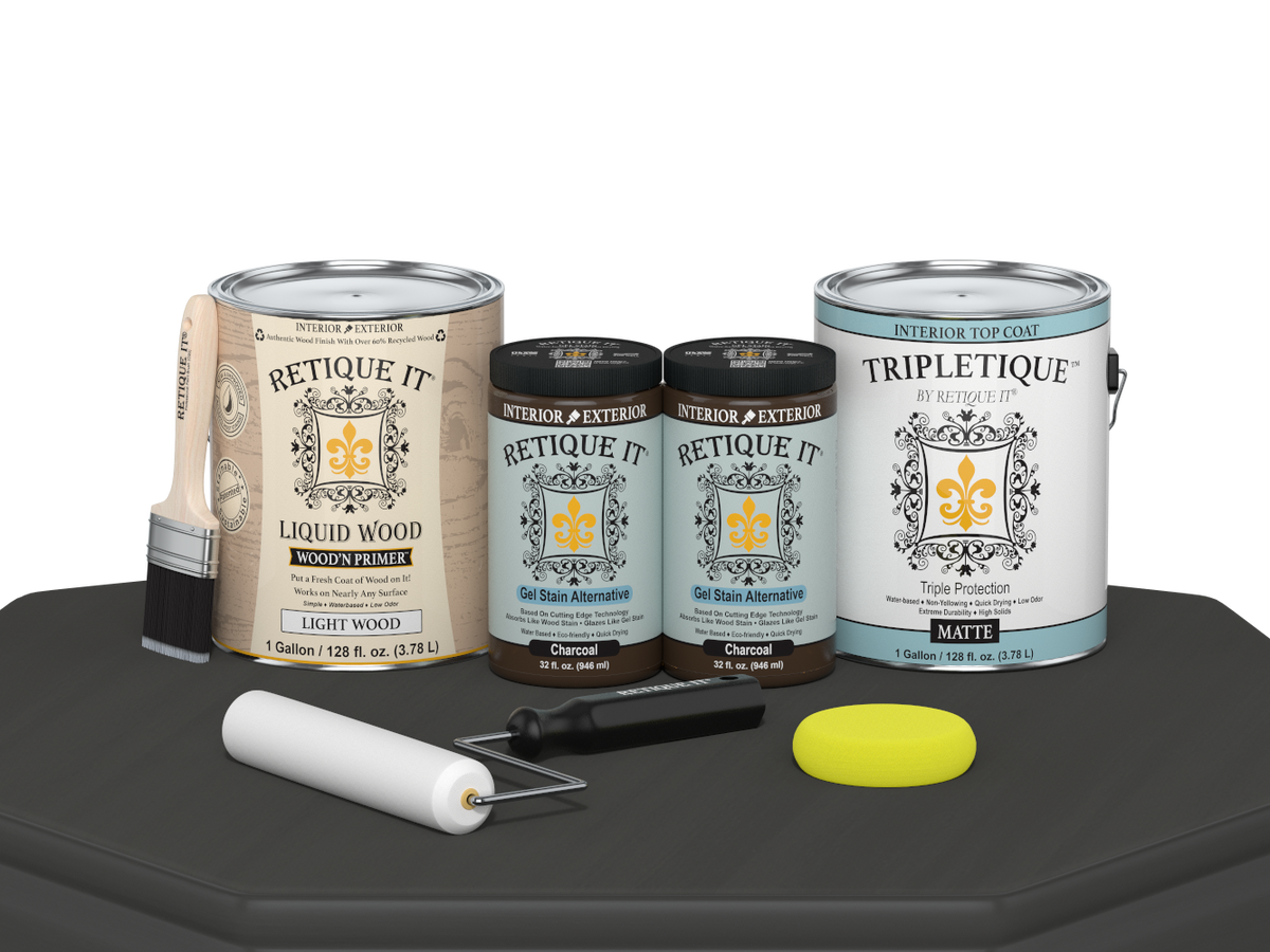 Retique It® charcoal multi-purpose wood finish kit with four large interior top coat bottles, smooth matte finish on a wooden table.