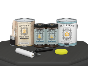 Retique It® multi-purpose charcoal wood finish kit with four large interior top coat bottles, smooth matte surface, ideal for wood projects.