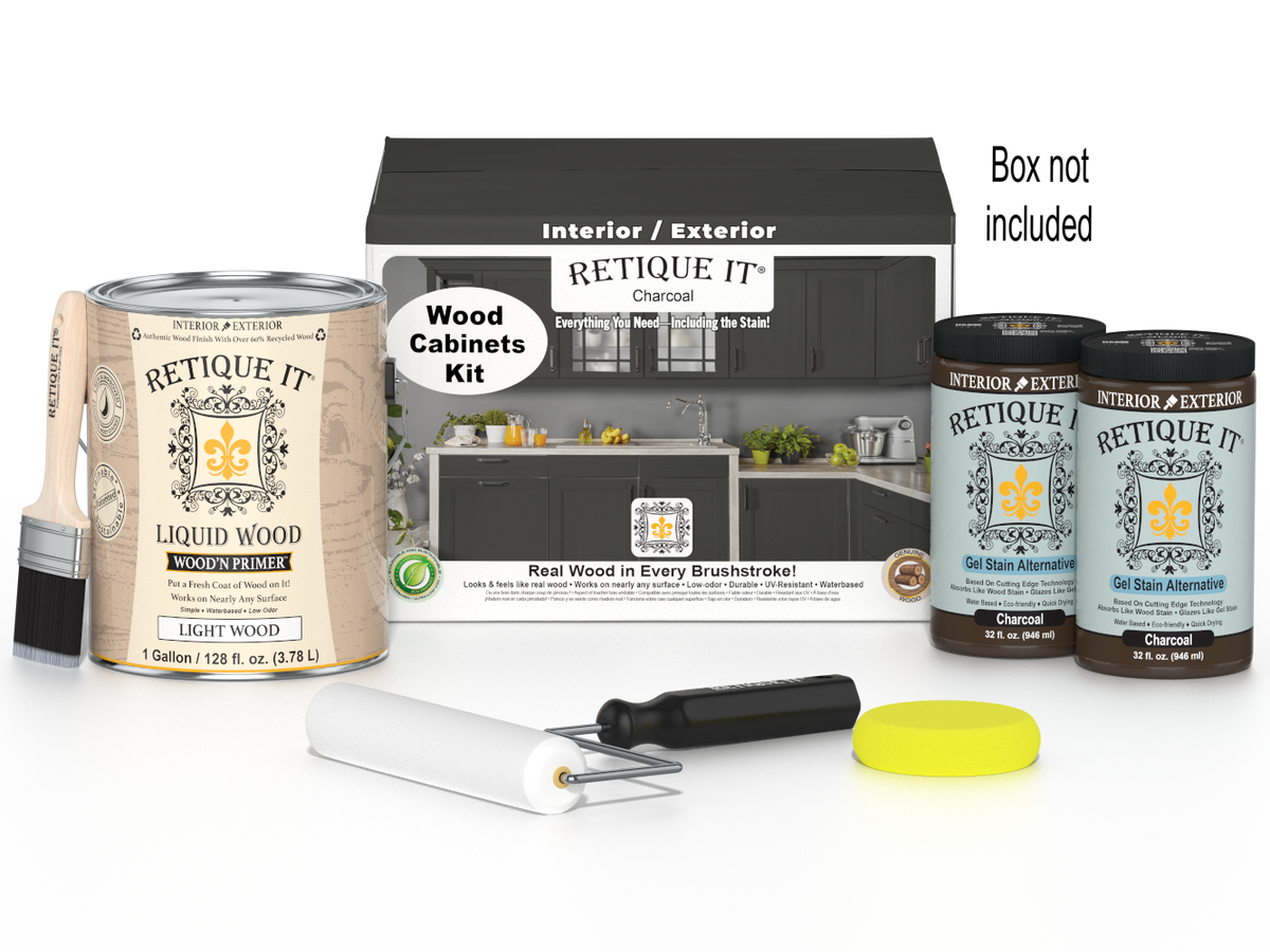 Retique It® Wood'n Cabinet Kit with 48 charcoal-stained smooth cabinet doors, showcasing a modern kitchen setup.