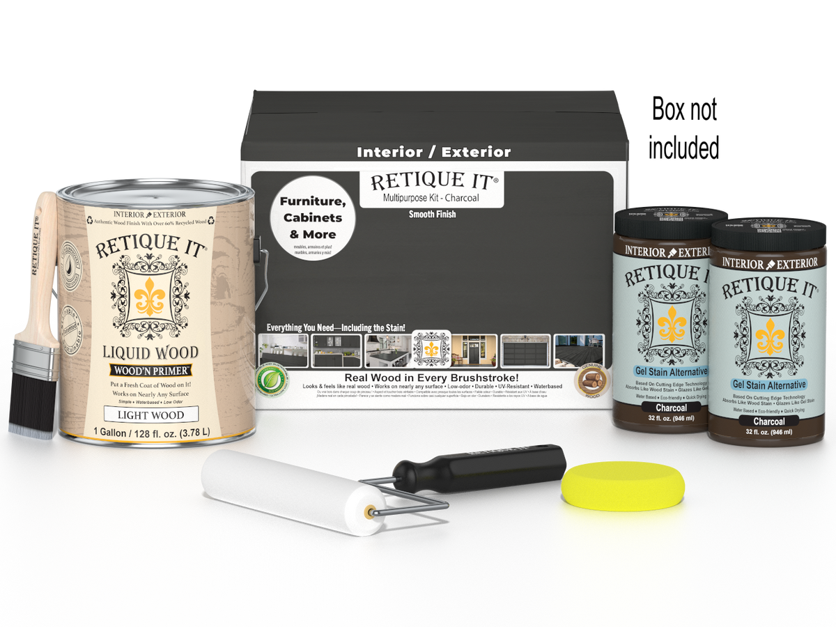 Retique It® Multi-purpose Smooth Wood'n Finish Kit in charcoal with four large containers, featuring brushes and finishing tools.