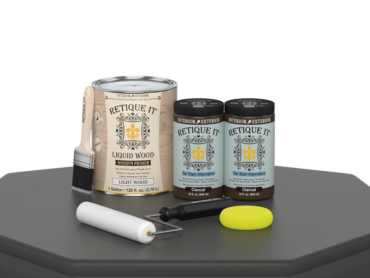 Retique It® Multi-purpose Smooth Wood'n Finish Kit in Charcoal, large size, shown on a wooden table with tools and finish samples.