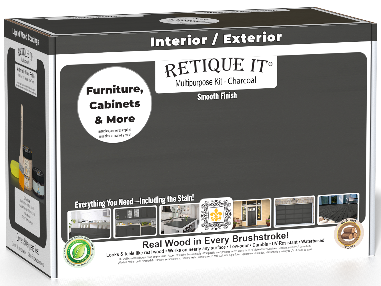 Retique It® Multi-purpose Smooth Finish Kit (Med) in Charcoal for exterior wood surfaces, featuring satin top coat and wood finishing tools.