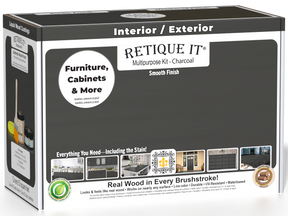 Retique It® Multi-purpose Smooth Finish Kit (Med) in Charcoal for exterior wood surfaces, featuring satin top coat and wood finishing tools.
