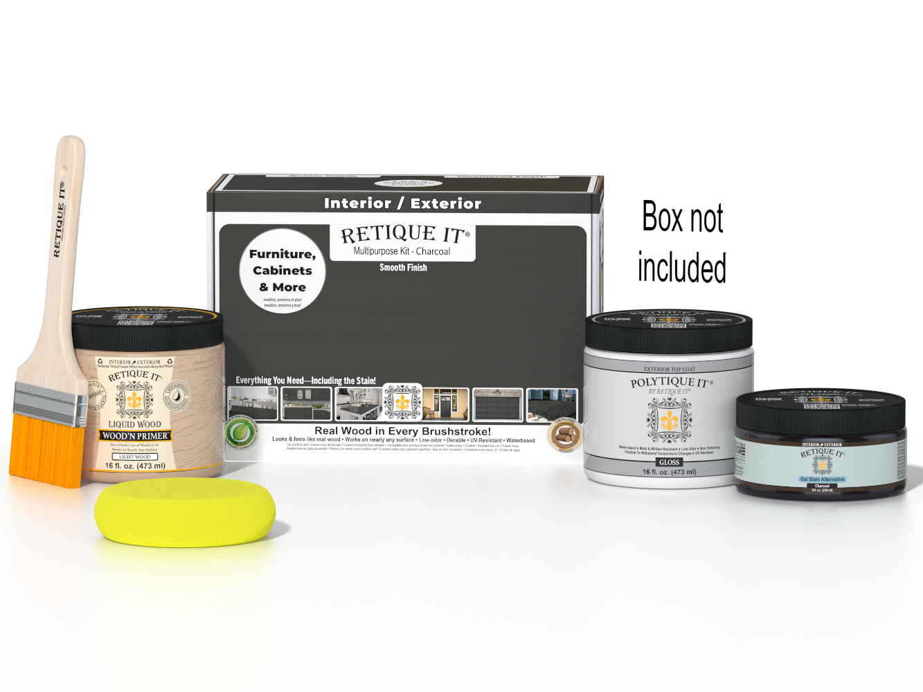 Retique It® Multi-purpose Smooth Finish Kit in charcoal for exterior wood surfaces, includes top coat and gloss finish.