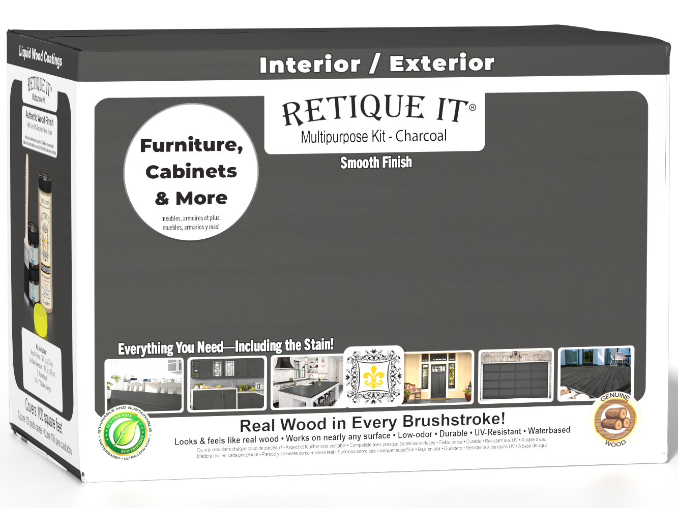 Retique It® large charcoal multi-purpose smooth finish kit for interior wood top coating, shown in a box with application tools.