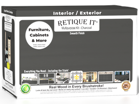 Retique It® large charcoal multi-purpose smooth finish kit for interior wood top coating, shown in a box with application tools.