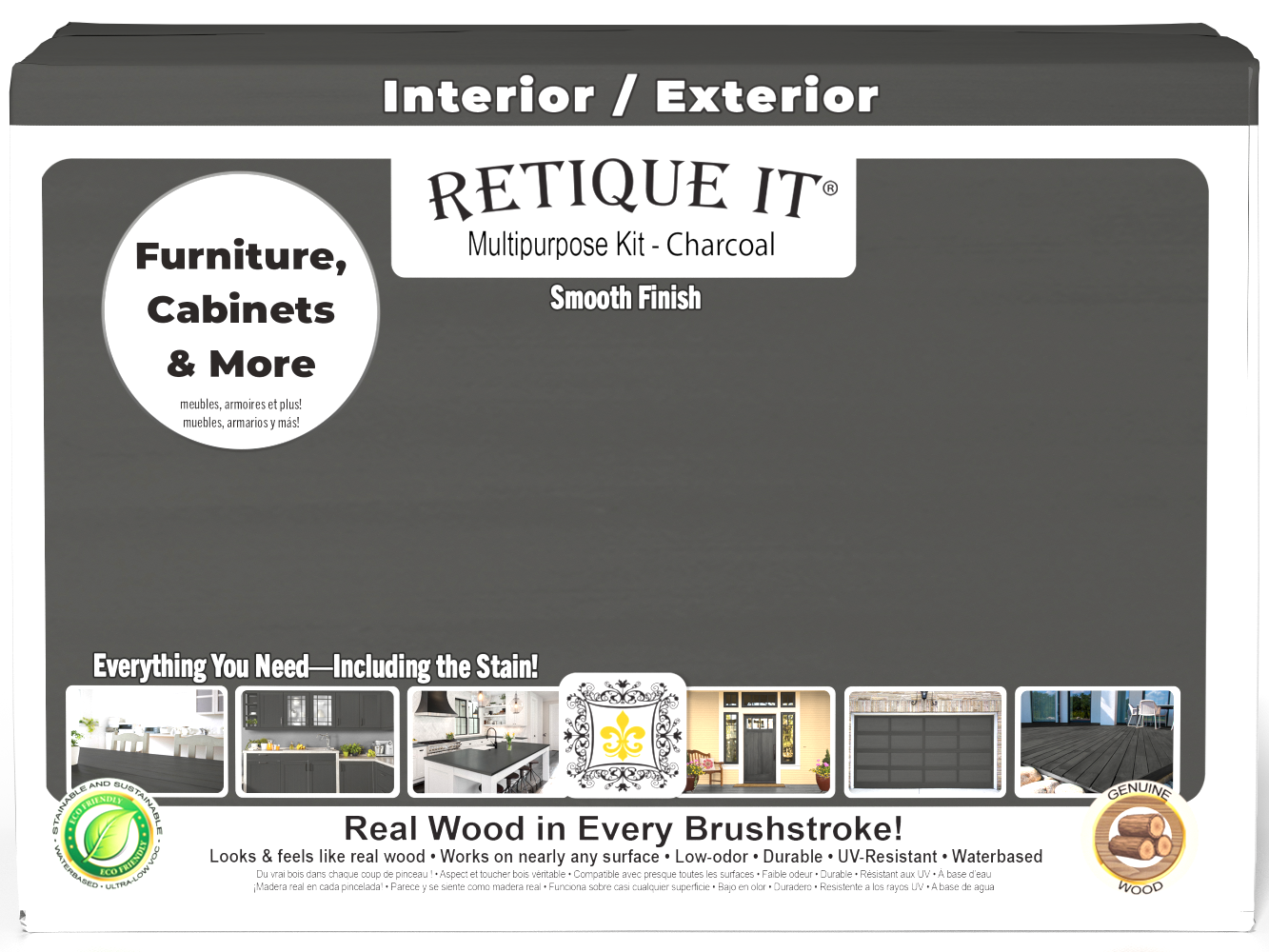 Retique It® multi-purpose smooth finish kit for wood, large charcoal exterior top coat in a box with application tools.