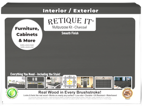Retique It® multi-purpose smooth finish kit for wood, large charcoal exterior top coat in a box with application tools.