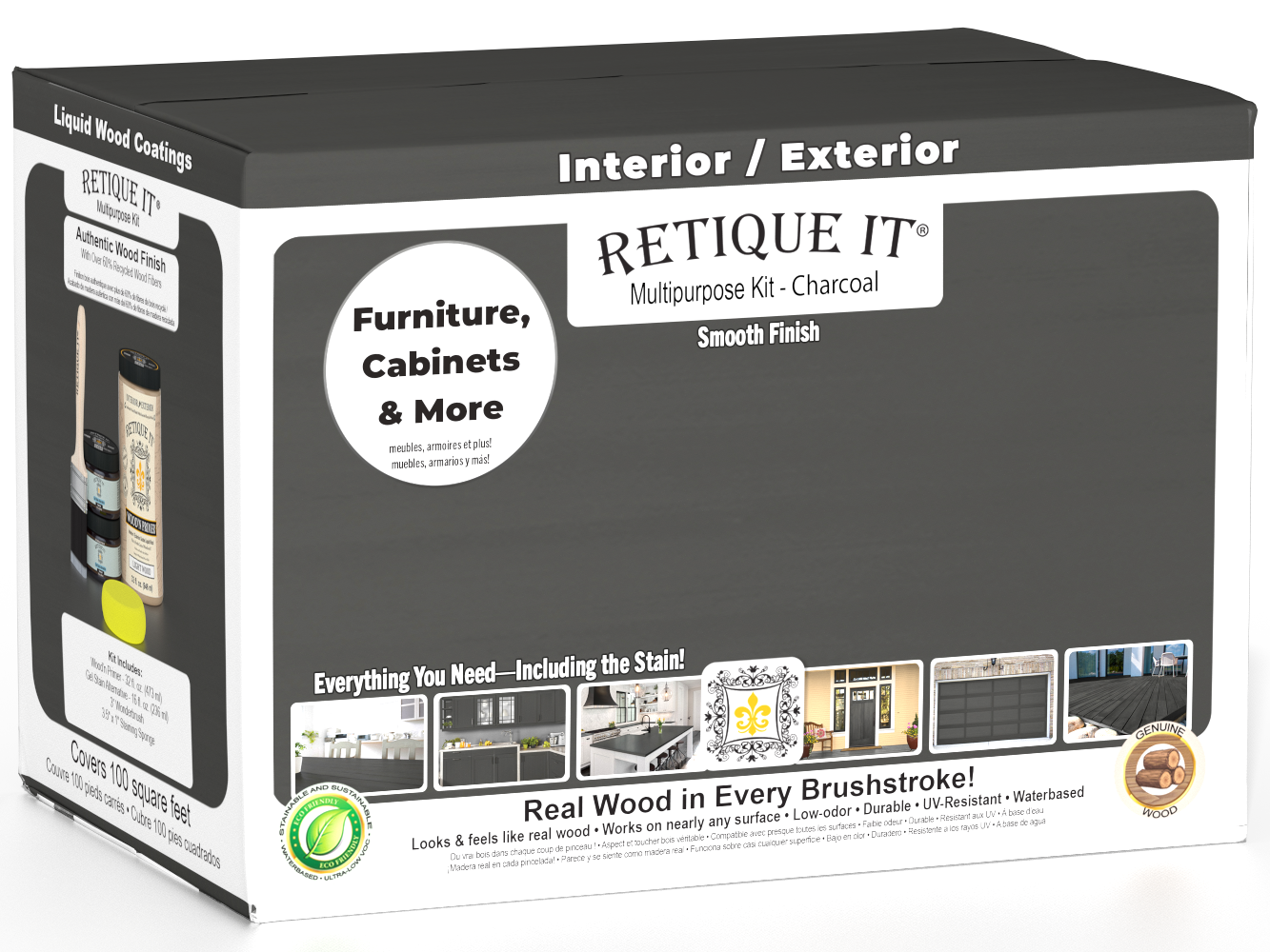 Retique It® Large Multi-purpose Smooth Finish Kit in Charcoal with exterior wood top coat, including brushes and applicators.