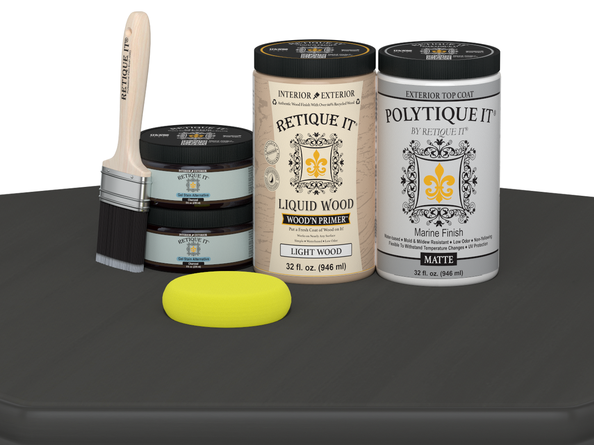 Large charcoal wood finish kit by Retique It® for exterior use, includes smooth matte top coat for multi-purpose wood projects.