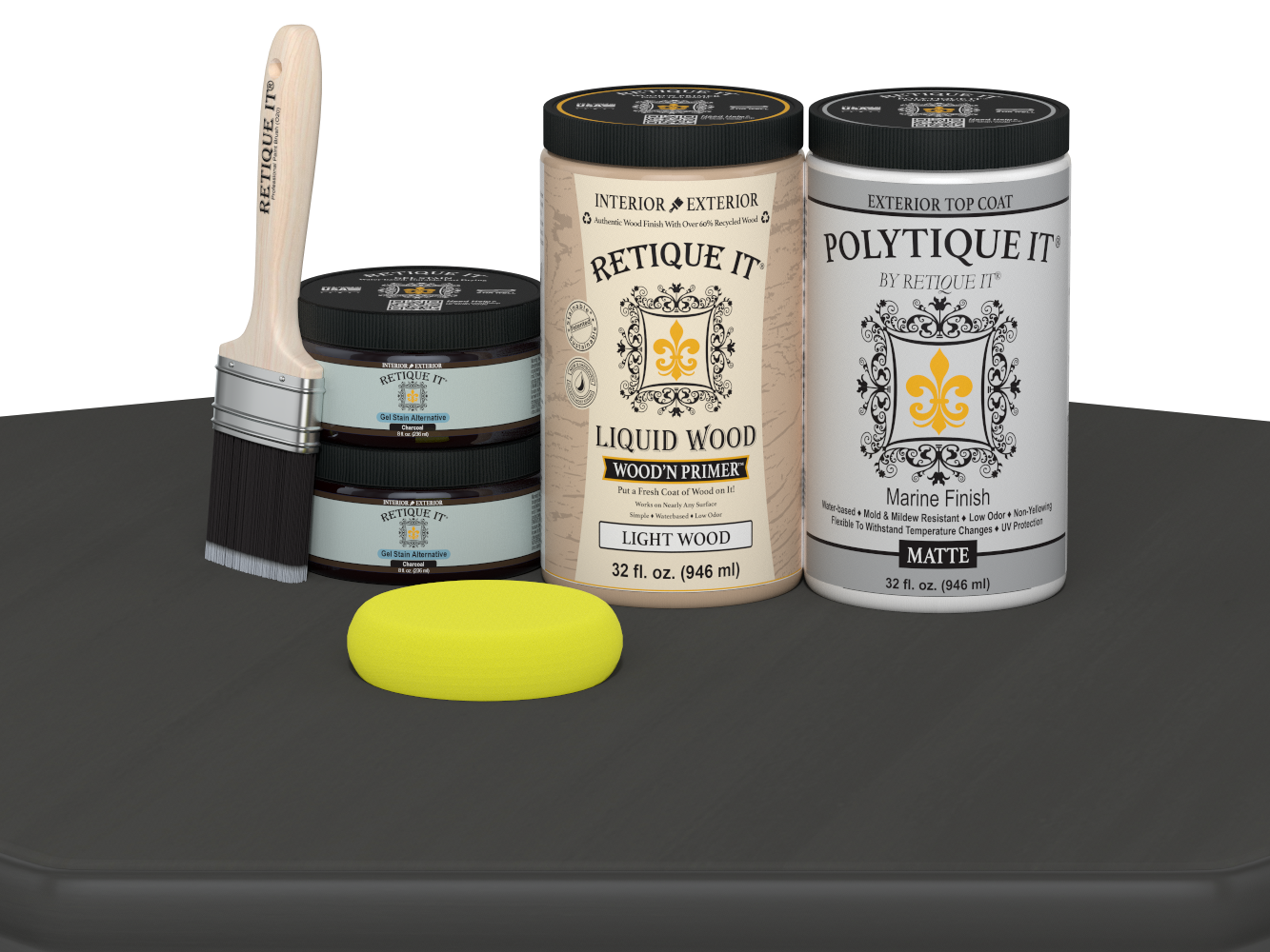 Large charcoal wood finish kit by Retique It® for exterior use, includes smooth matte top coat for multi-purpose wood projects.