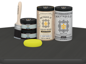 Large charcoal wood finish kit by Retique It® for exterior use, includes smooth matte top coat for multi-purpose wood projects.