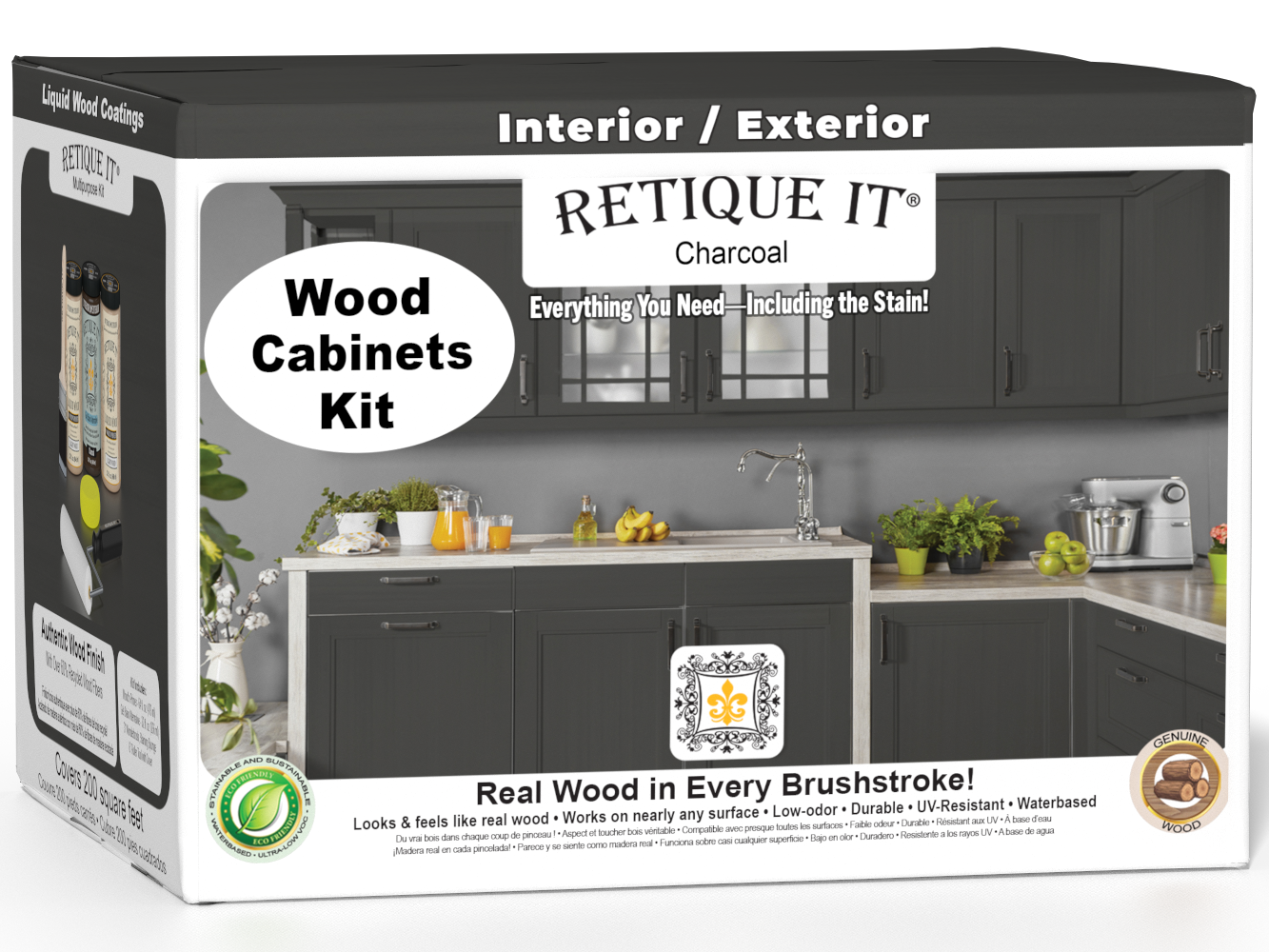 Retique It® Wood'n Cabinet Kit with 24 smooth charcoal stained cabinet doors, designed for easy installation and stylish storage.