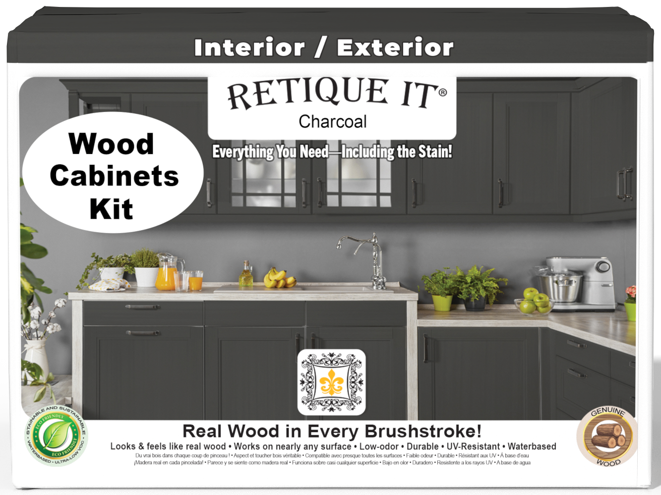 Retique It® Wood'n Cabinet Kit with 24 charcoal stained smooth cabinet doors, front view showcasing sleek, modern design.