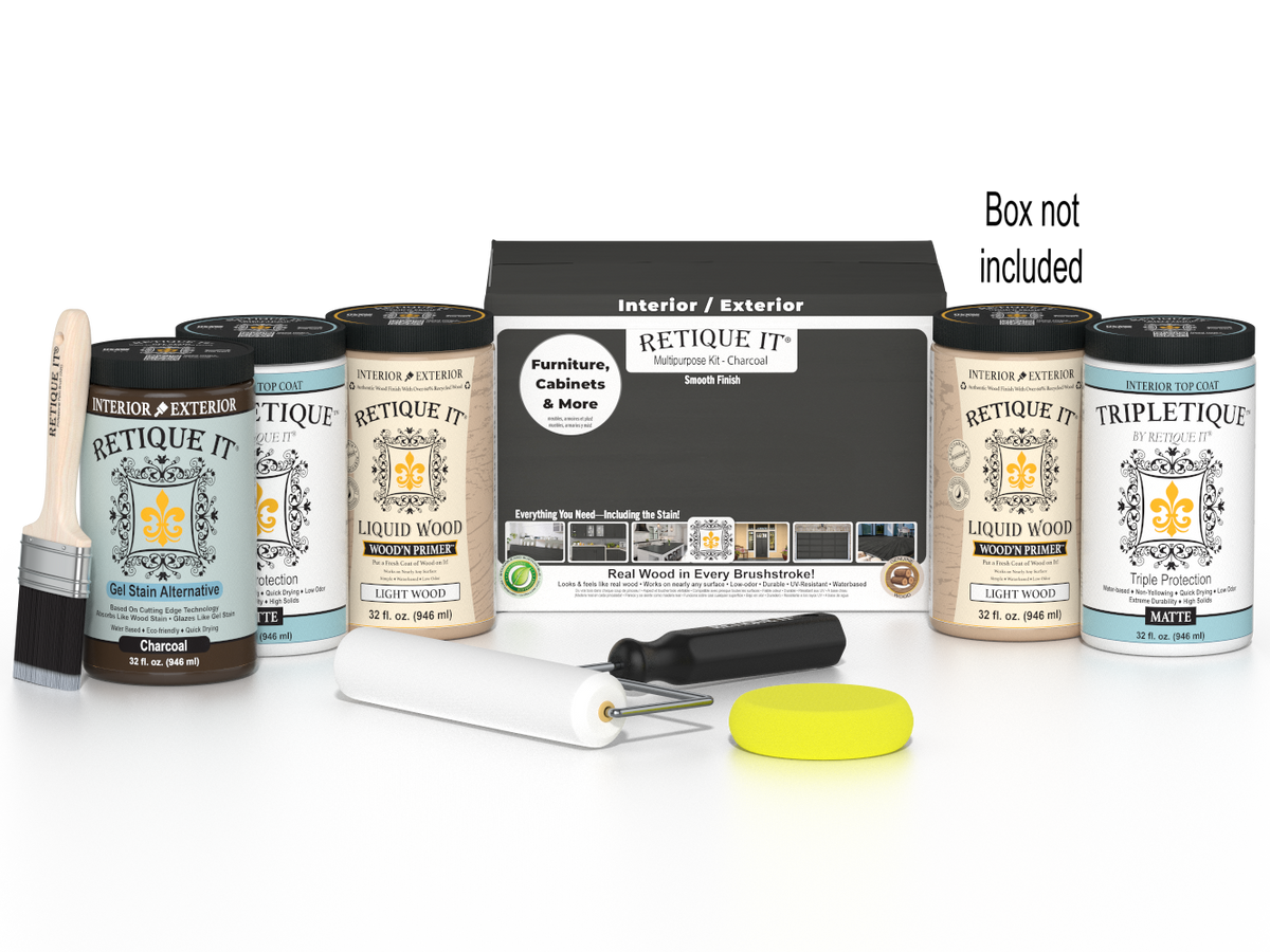 Retique It® wood finish kit with four large charcoal interior top coat bottles and application tools in a box.