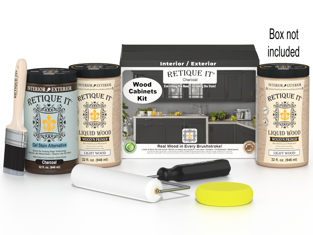Retique It® Wood'n Cabinet Kit with 24 charcoal stained cabinet doors, smooth finish, for wood cabinetry renovation.