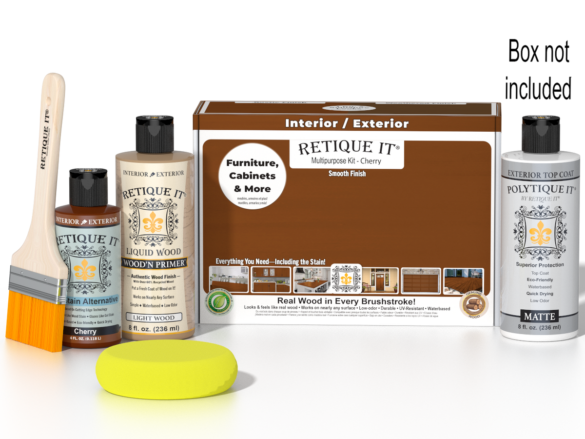 Retique It® Cherry multi-purpose wood finish kit with exterior top coat, includes application tools and instructions in the box.