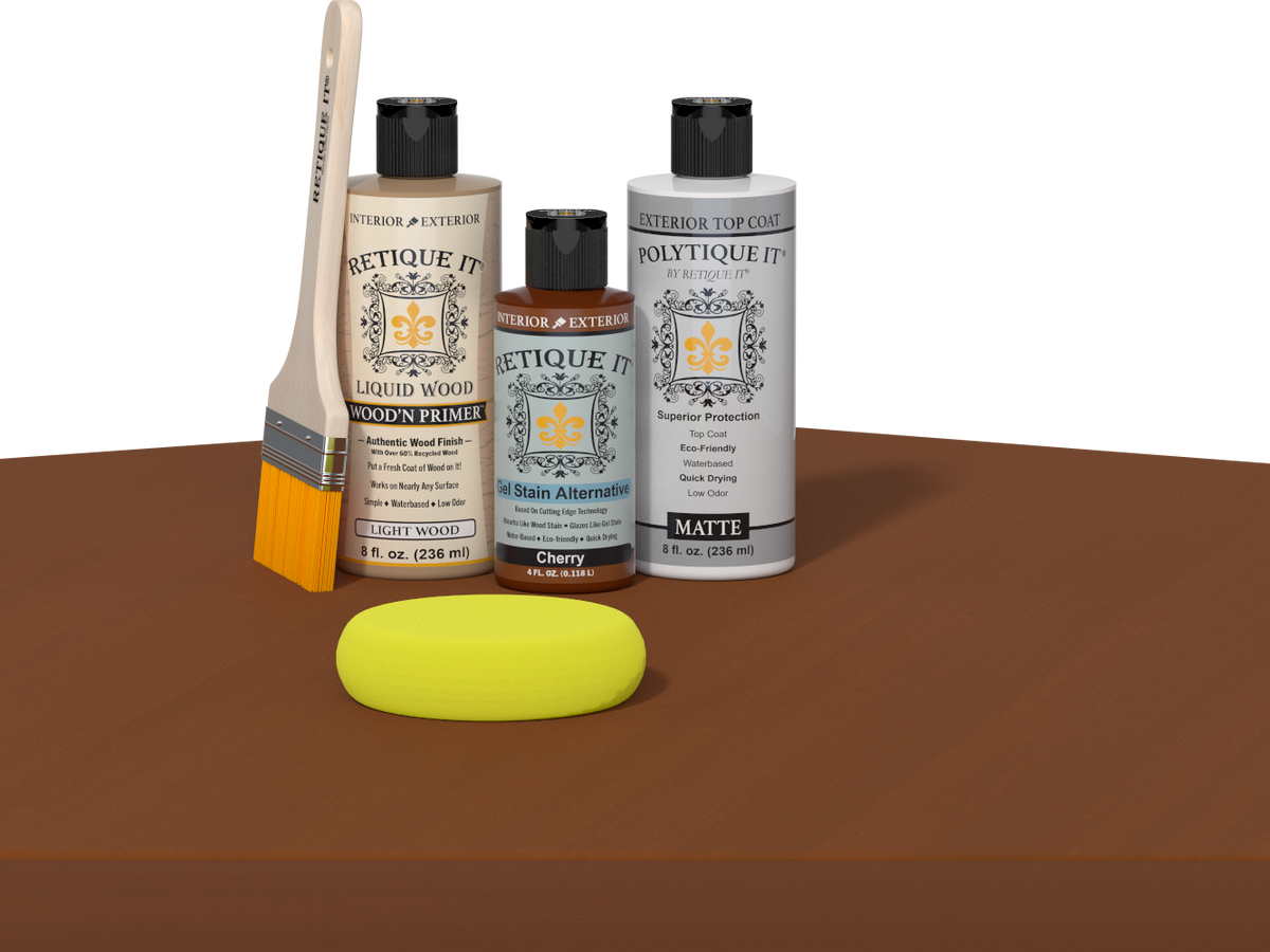 Retique It® Cherry Multi-purpose Smooth Finish Kit for exterior wood projects, includes top coat for a polished look.