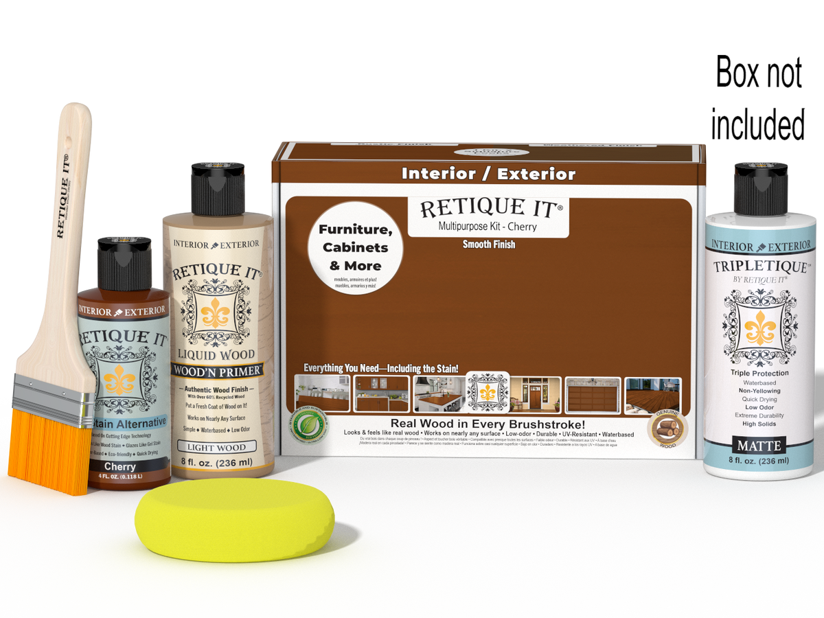 Retique It® Multi-purpose Smooth Finish Kit in Cherry for interior wood projects, includes top coat and application tools.