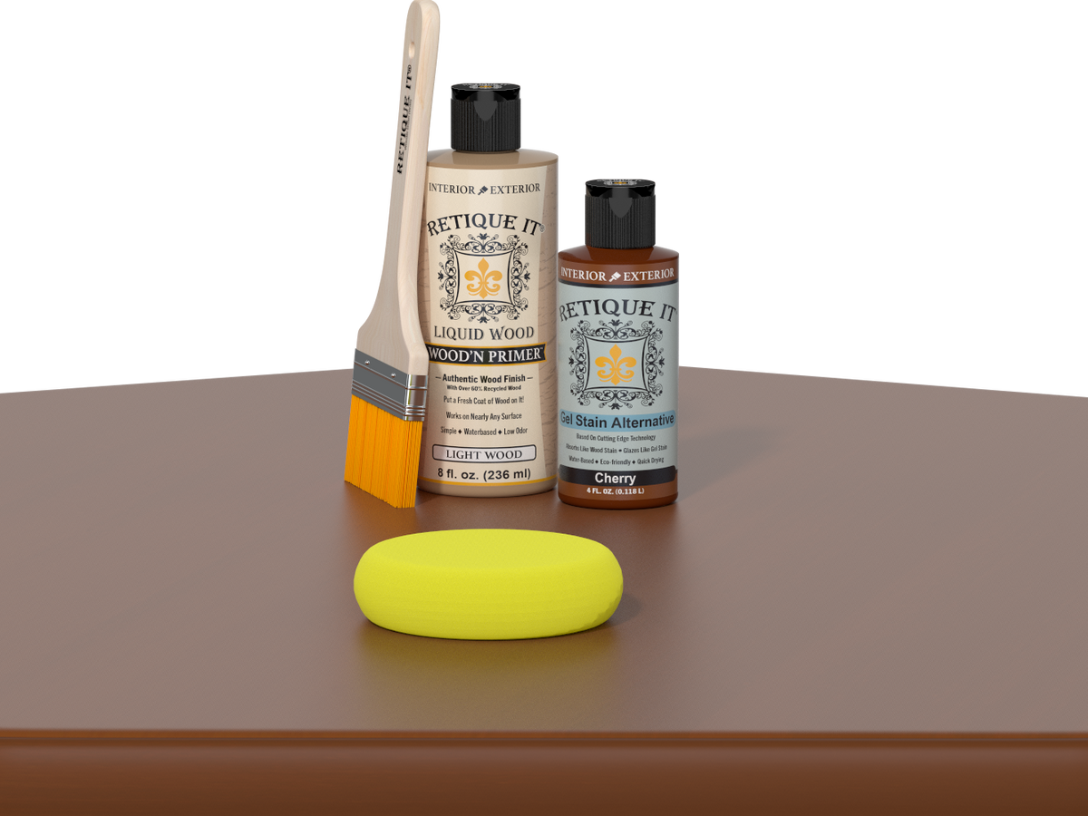 Retique It® multi-purpose smooth finish wood kit in cherry color, featuring a table with a polished cherry wood surface.