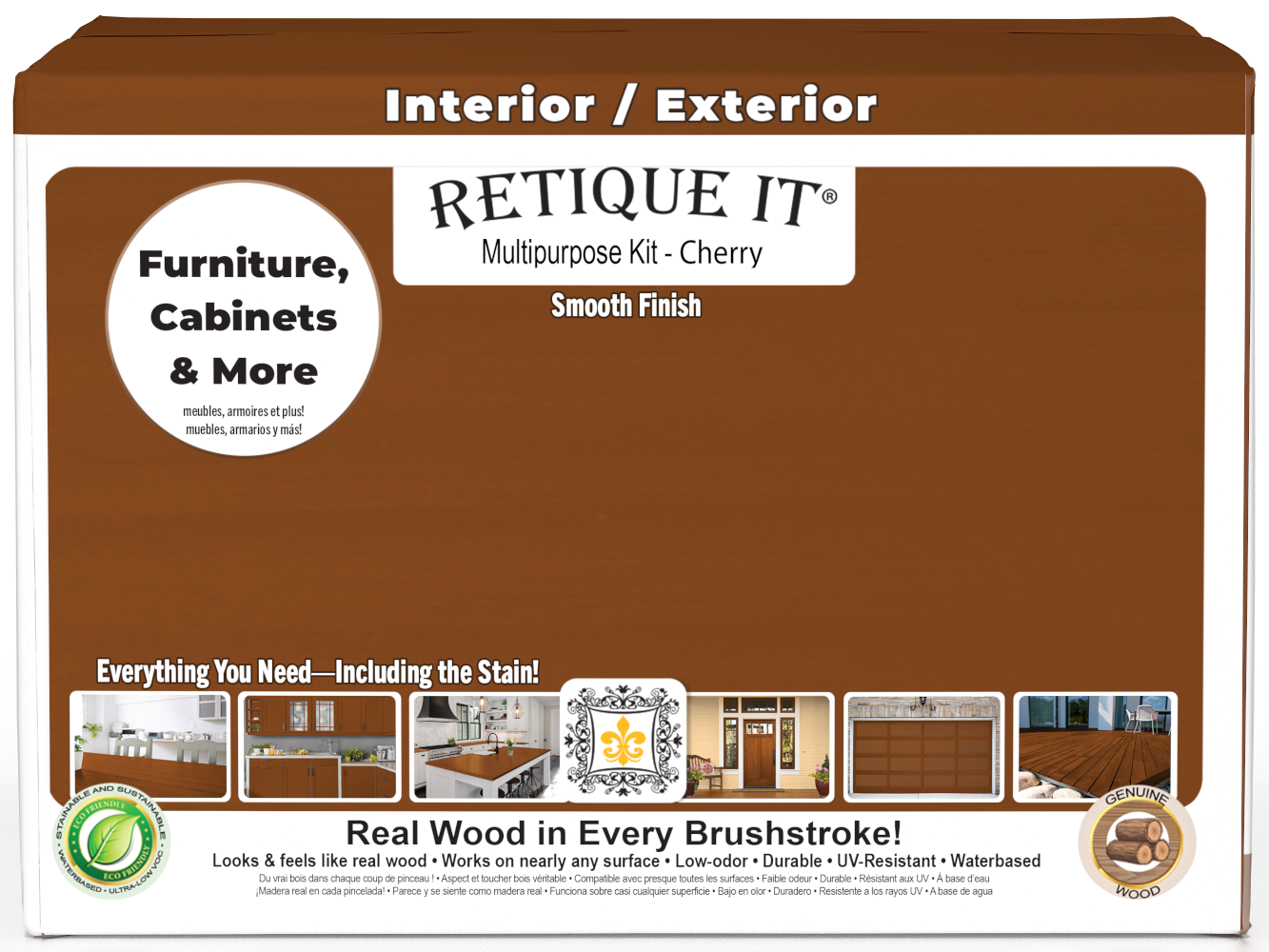 Retique It® Cherry multi-purpose wood finishing kit with four large bottles, showing the box and product labels.