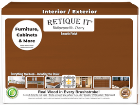 Retique It® Cherry multi-purpose wood finishing kit with four large bottles, showing the box and product labels.