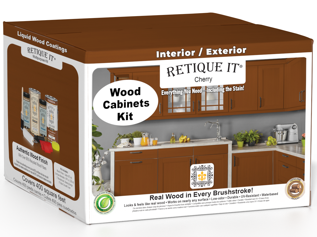 Retique It® Wood'n Cabinet Kit with 48 cherry stained, smooth cabinet doors for kitchen or bathroom renovation.