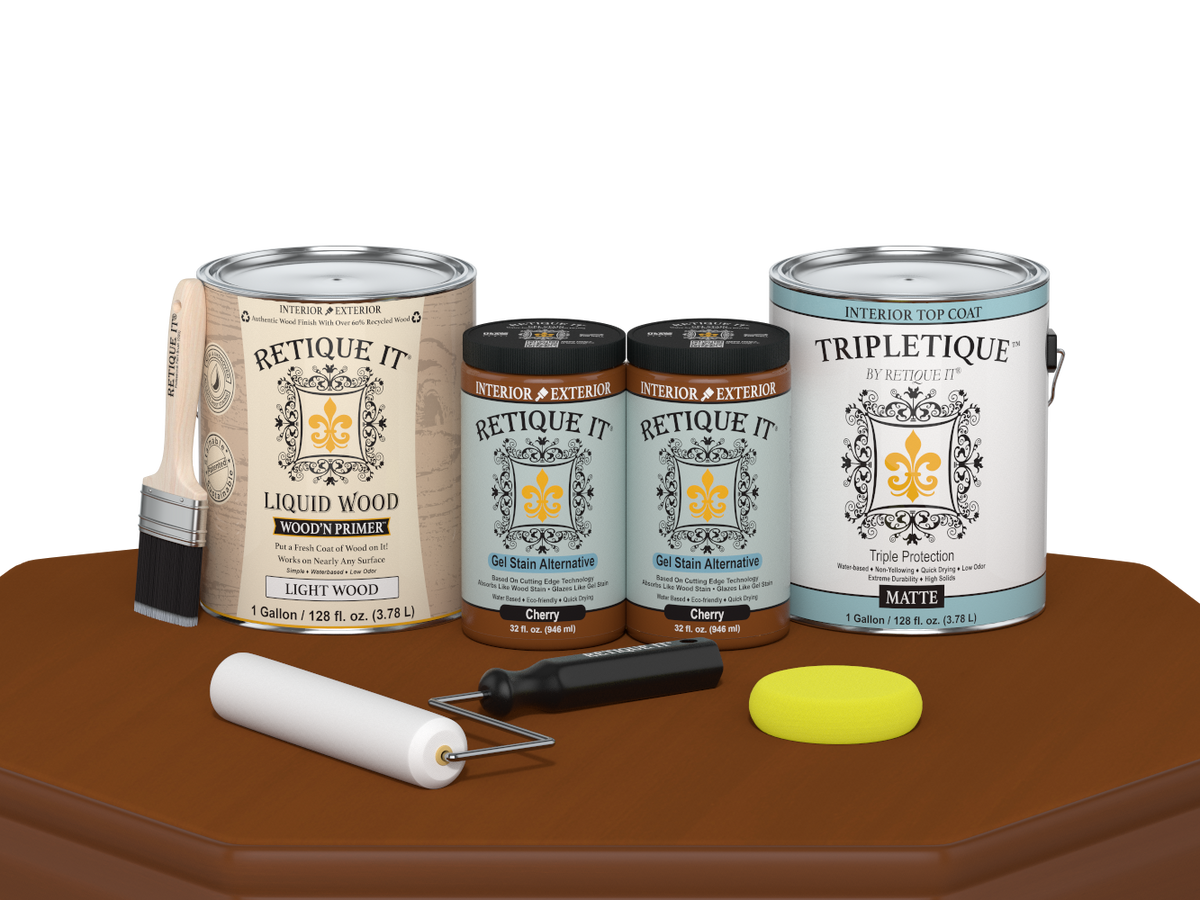 Retique It® Cherry interior wood finish kit with four large smooth finish top coats for a matte, polished look on furniture or wood surfaces.